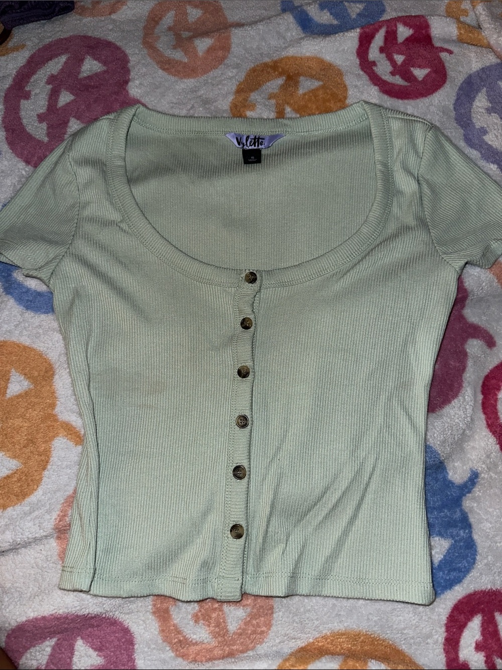 Velvet Light Mint Green Ribbed Scoop Neck Button-Front Top